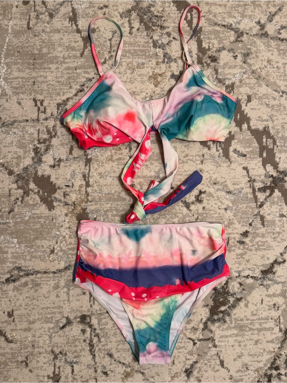 Women’s Tie-Dye Pink & Blue Bikini Swimsuit. Women’s sz. Large bottoms. 13” NWT